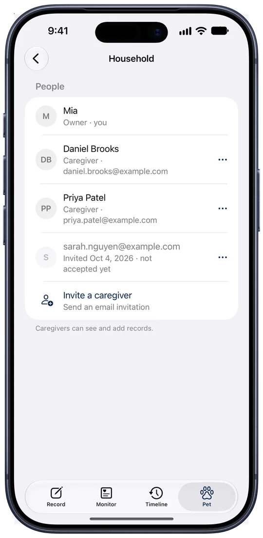The Household screen: Mia as owner, caregivers Daniel Brooks and Priya Patel, a pending invite, and what caregiver access allows.
